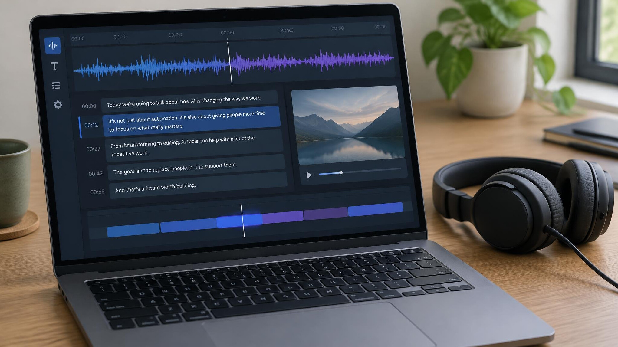 Screen with AI transcription software showing audio waveform and subtitles text