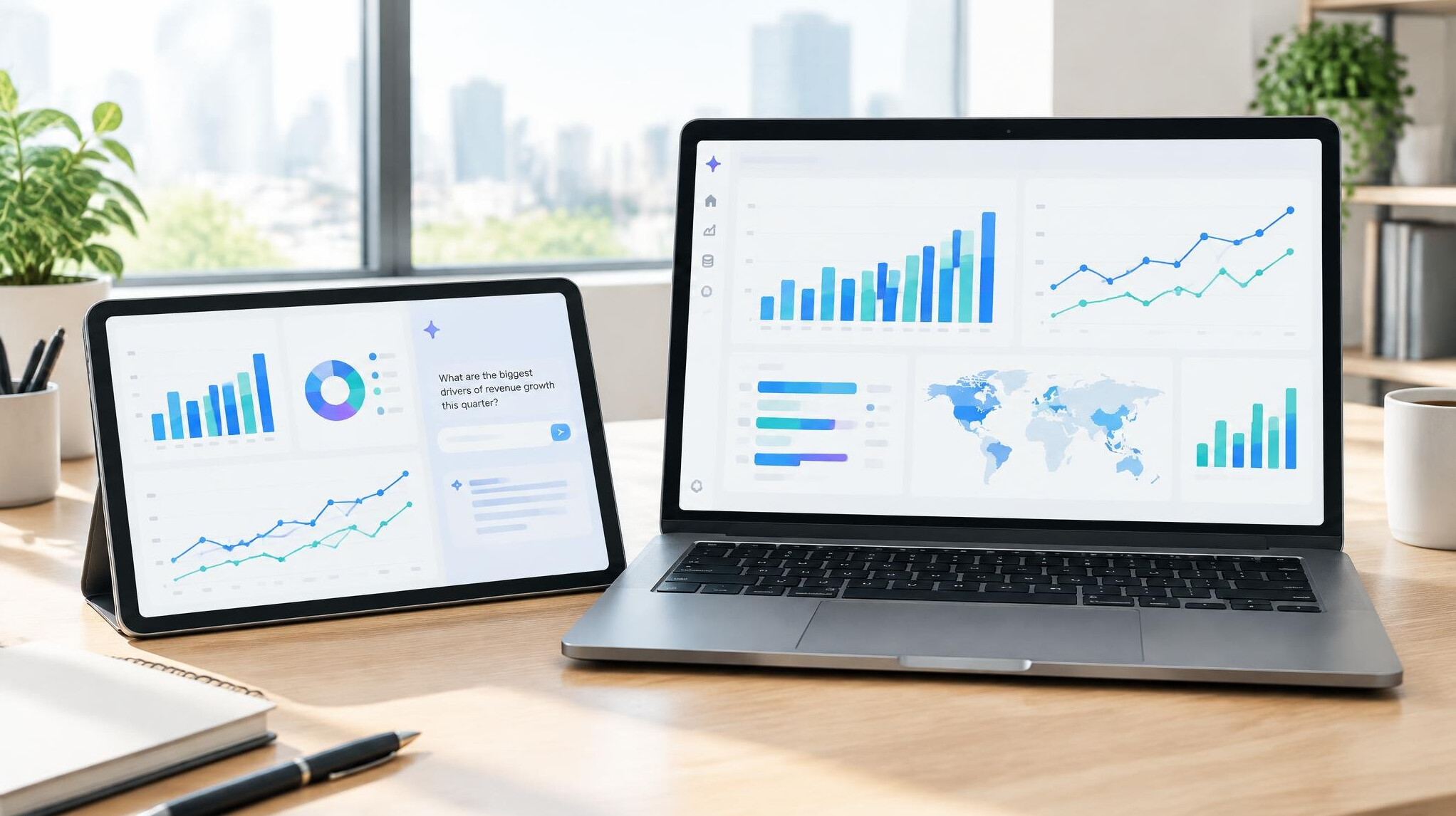 Tablet and laptop showing an AI data analysis dashboard with charts