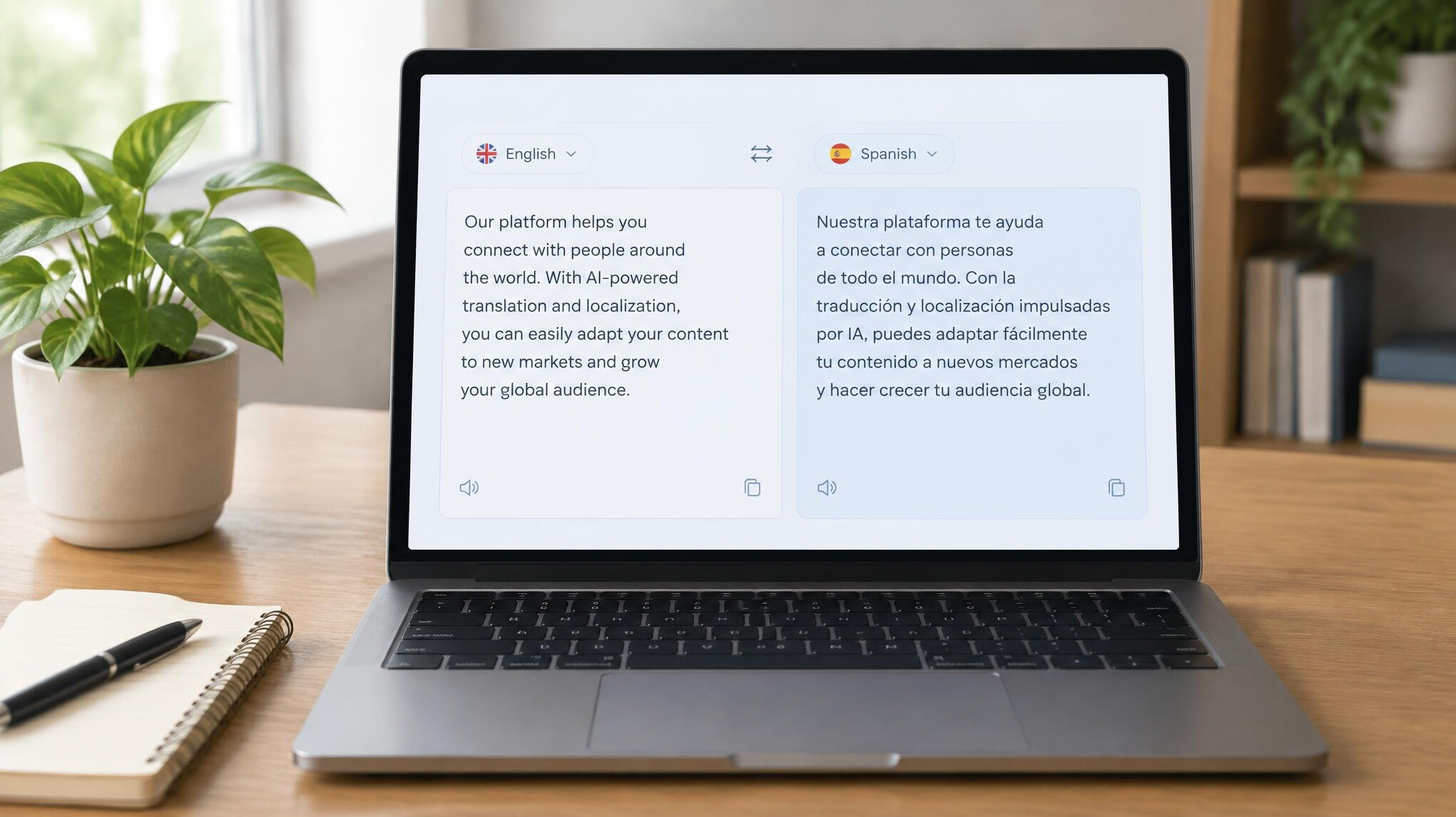 Laptop screen with an AI translation tool showing two columns of text in different languages