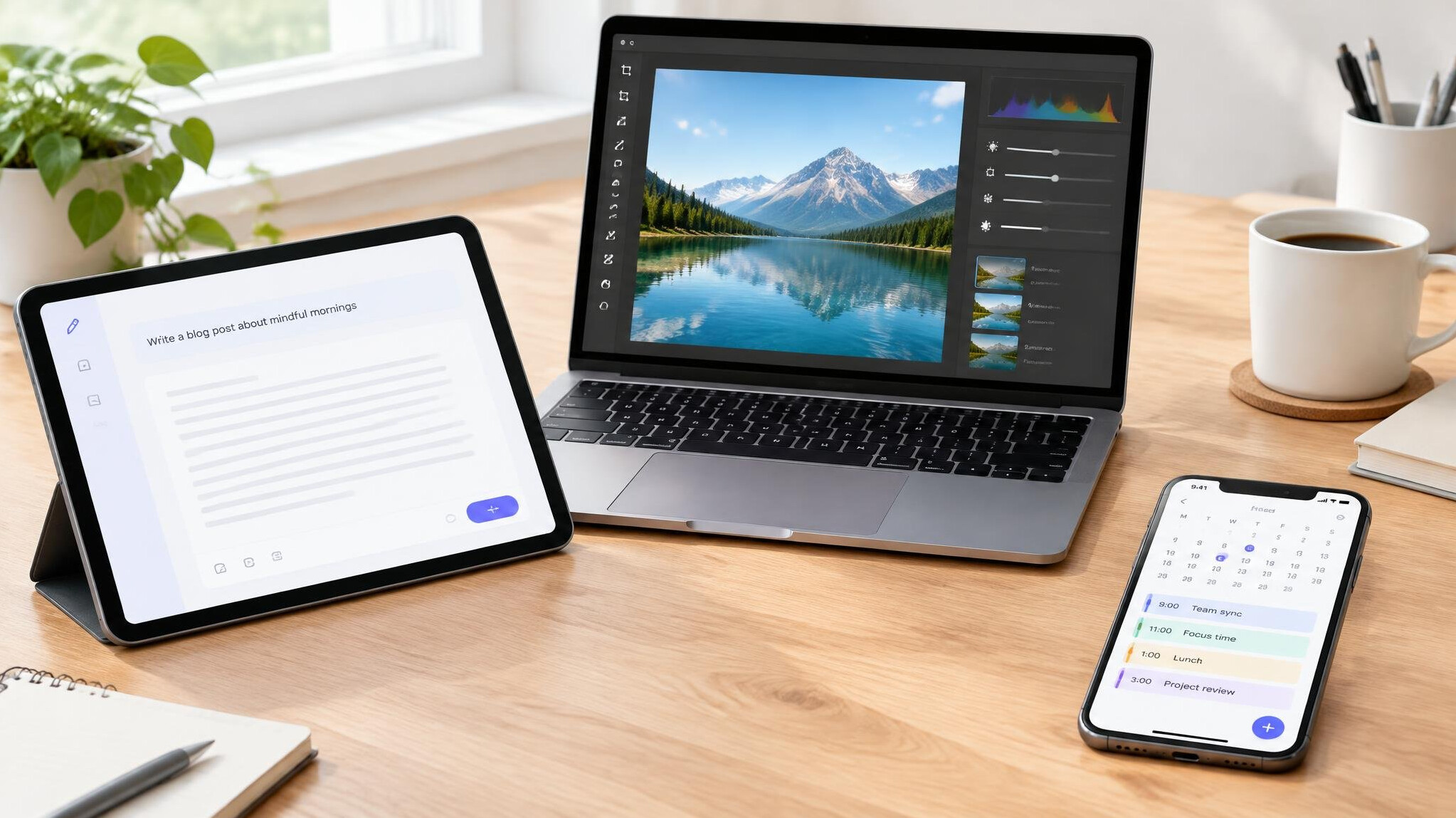 Desk with tablet, laptop and smartphone displaying different AI apps