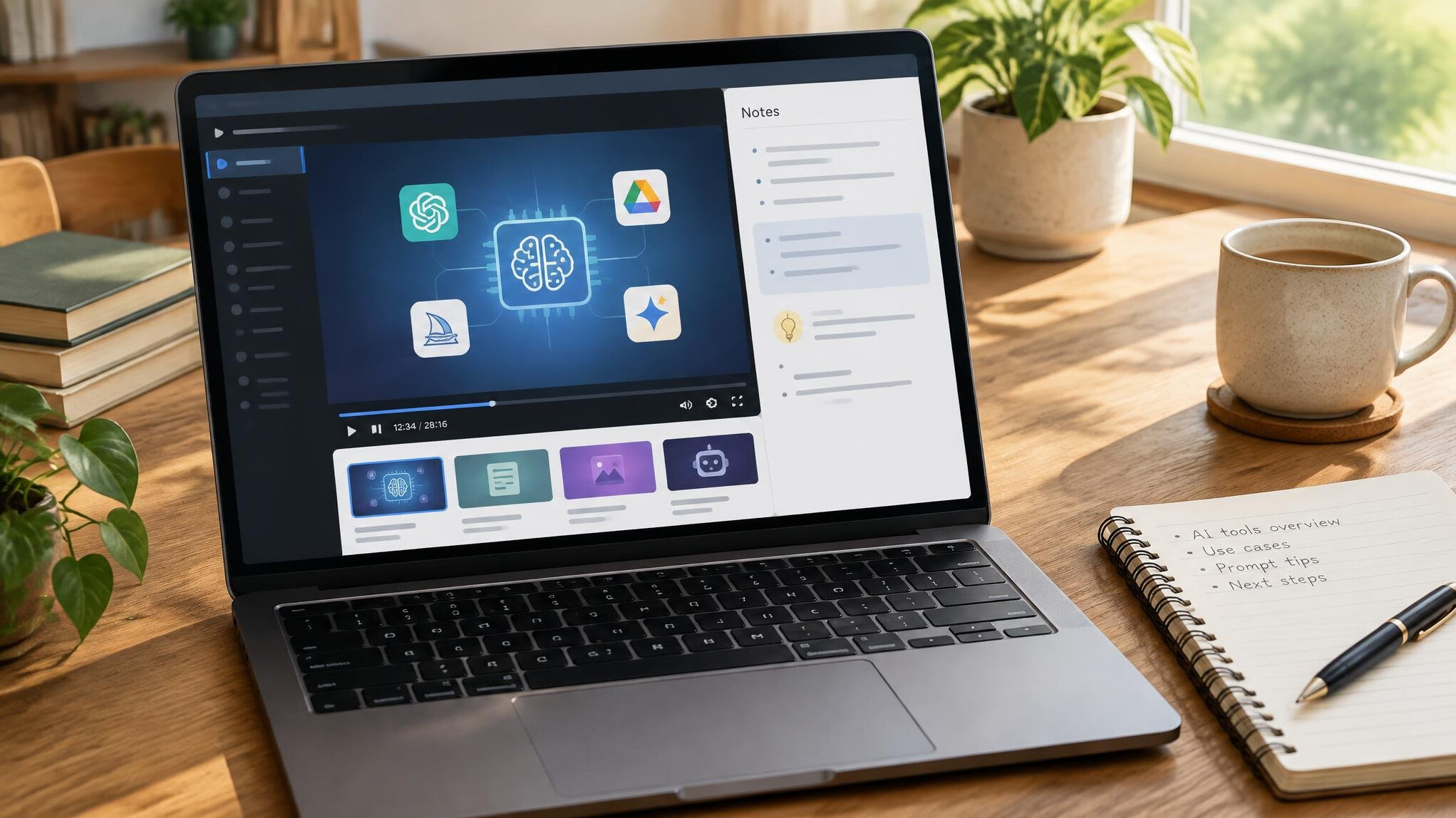Laptop showing an online course lesson about AI tools with a video and notes panel