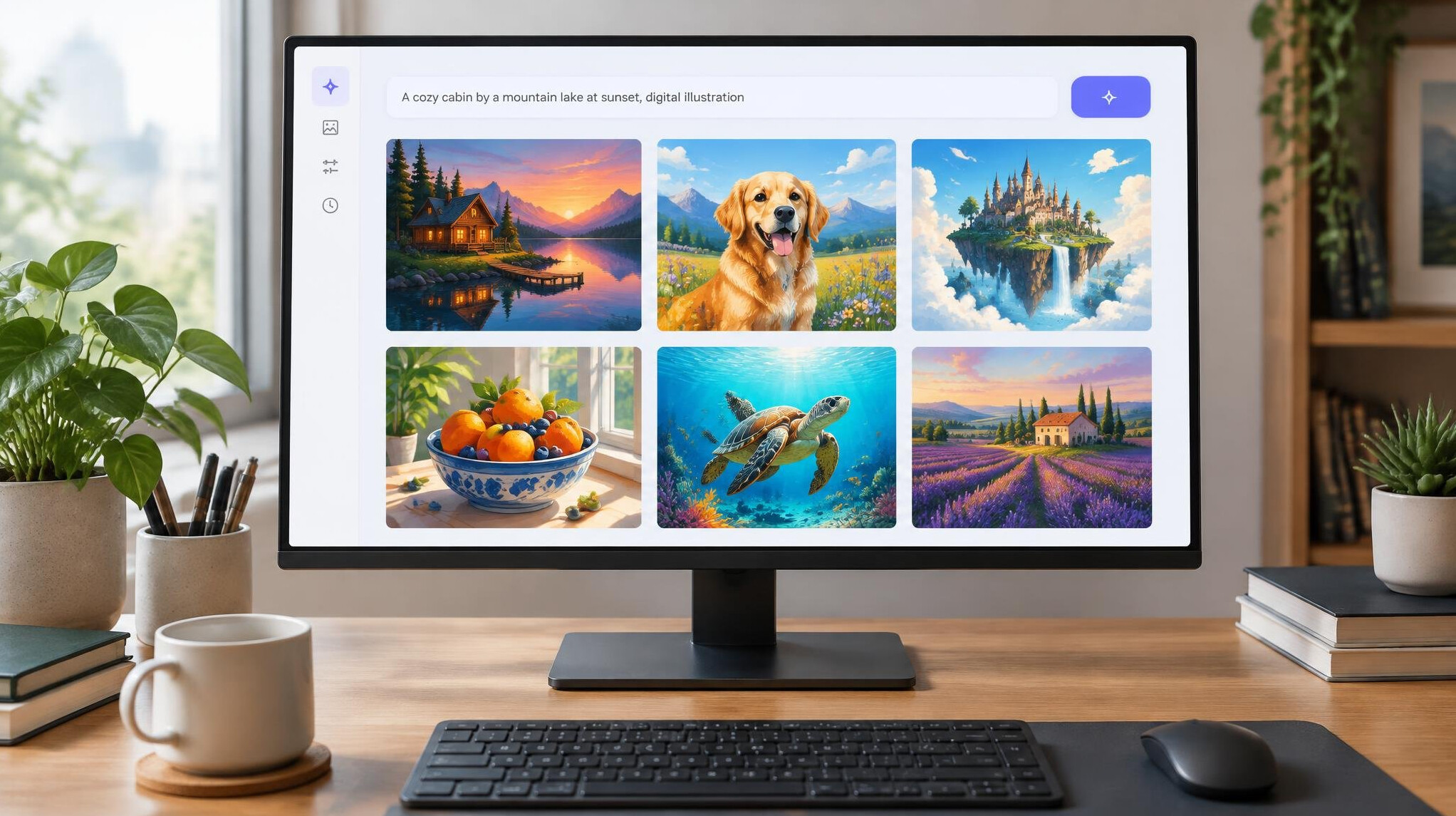 Monitor showing an AI image generation tool with prompt field and generated pictures