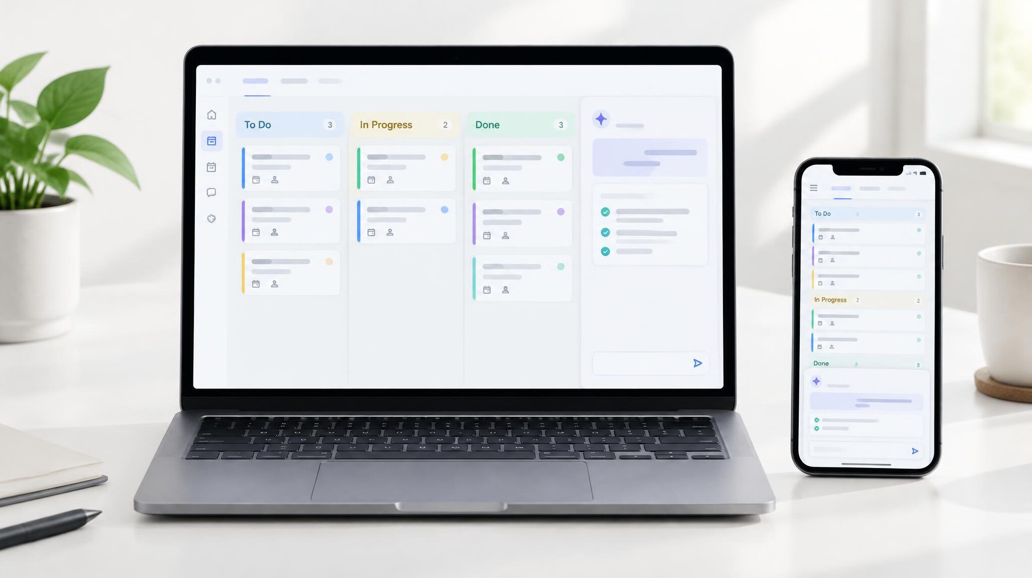 Laptop and smartphone showing freelance project board with AI assistant panel