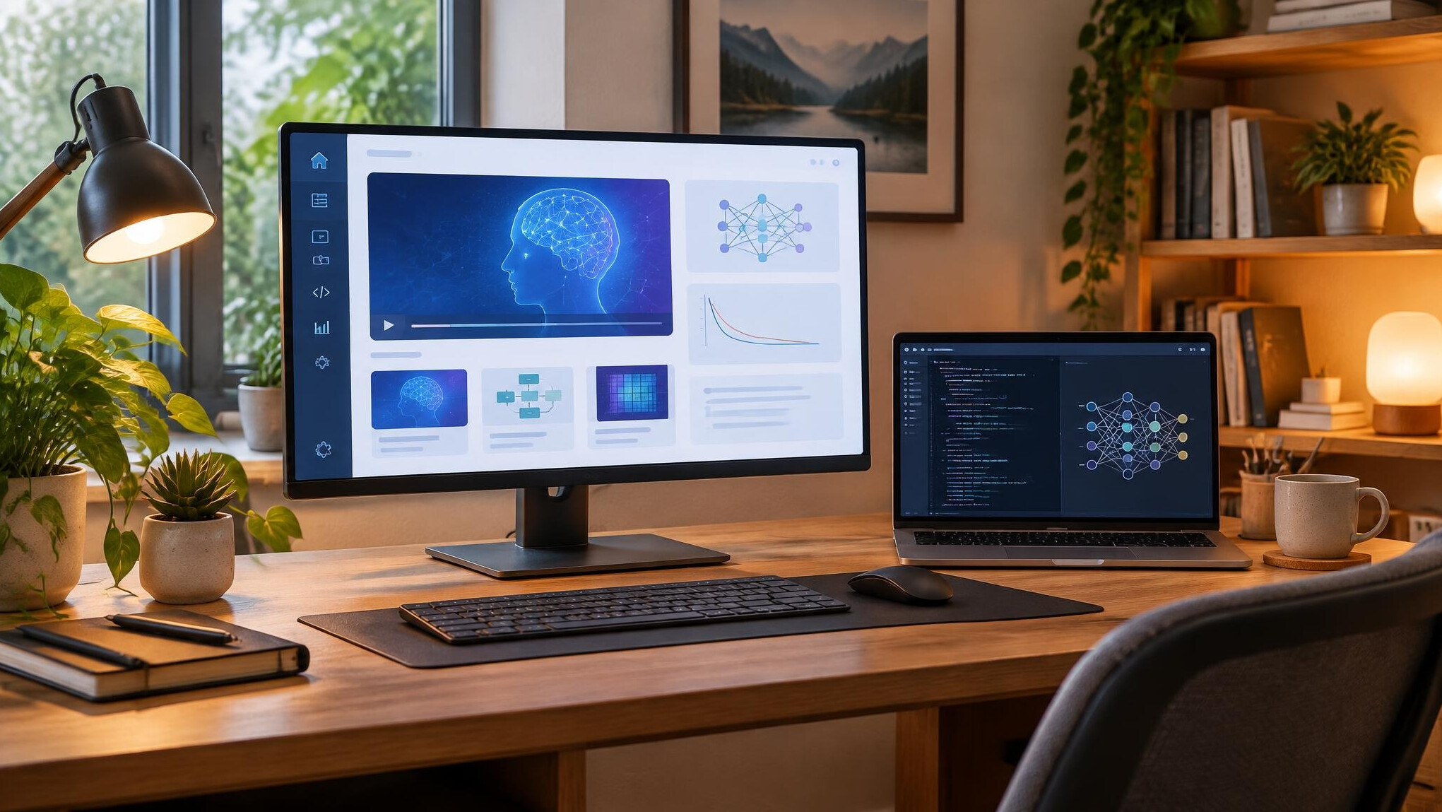 Modern home office desk with a monitor showing AI learning materials