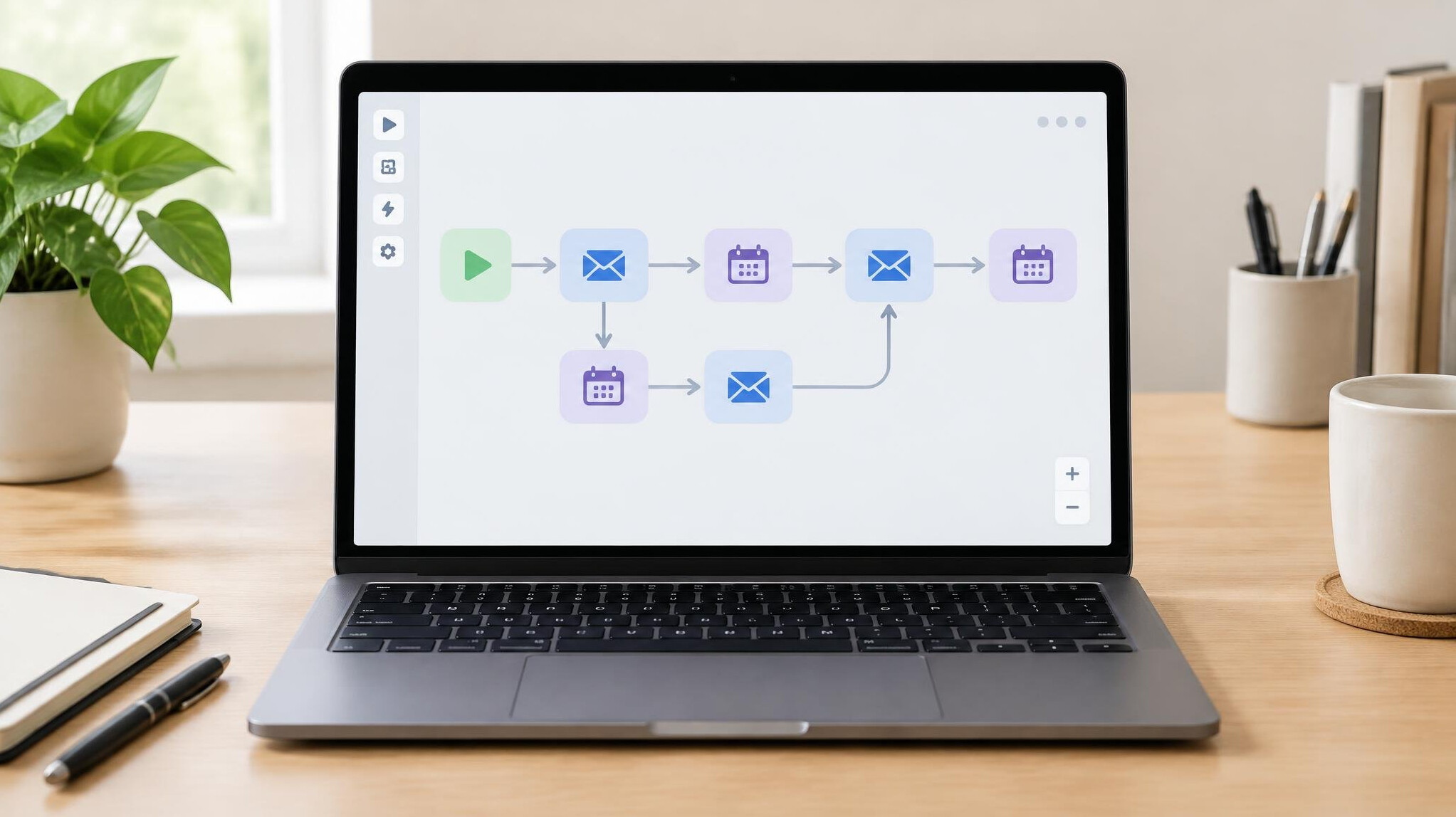 Laptop screen showing an AI automation workflow with connected task blocks